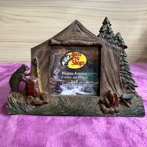 Bass Pro Shops Photo Frame 3x3 Tent Bear Camping Scene Rustic Wood Look